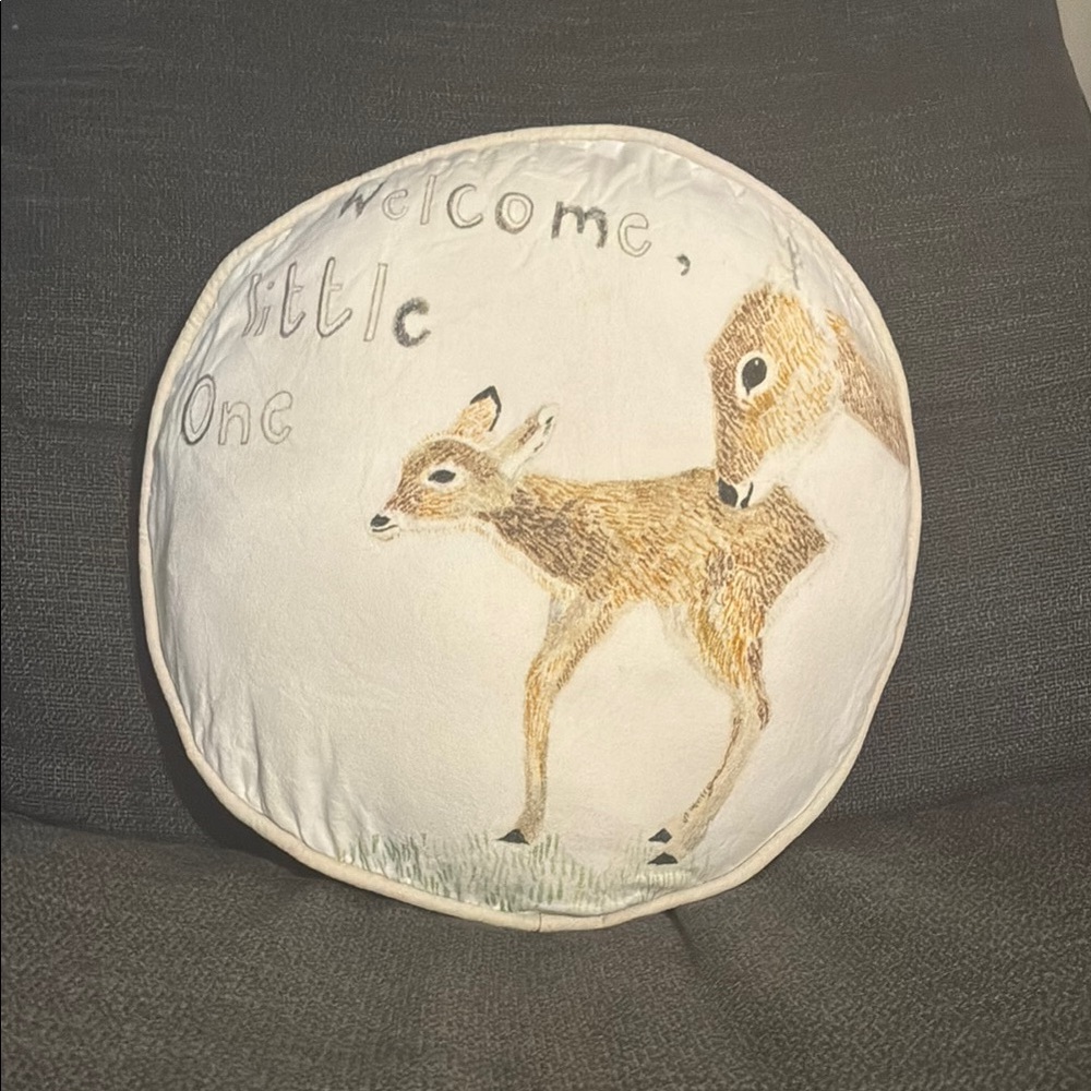 Nursery: “Welcome, little one” Round Pillow with Deer Design